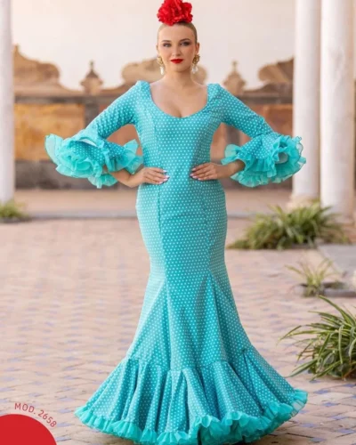 LBF Traje de flamenca Peonía Lycra Bioelastica. Turquesa lunar blanco, talla 54