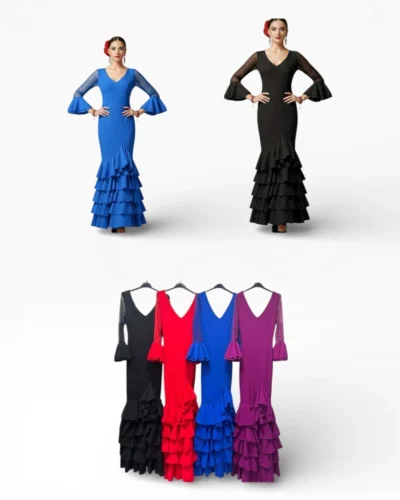 LBF Traje de flamenca lycra 5 volantes plumeti. Talla XS a XXL