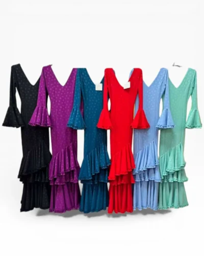 LBF Traje de flamenca lycra tres volantes con subida monocolor. Talla XS a XXL