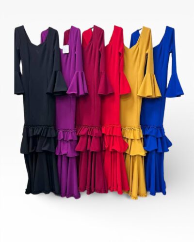 LBF Traje de flamenca lycra tres volantes desigual con garrucha. Talla XS a XXL