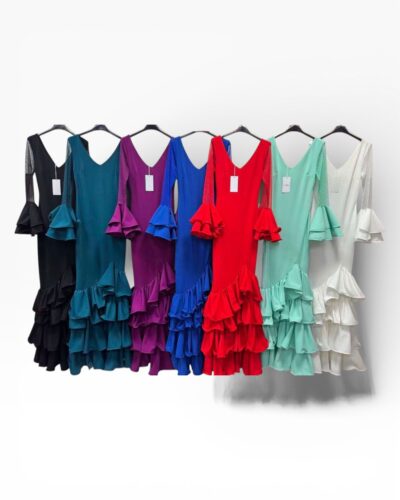 LBF Traje de flamenca lycra cuatros volantes con plumeti. Talla XS a XXL