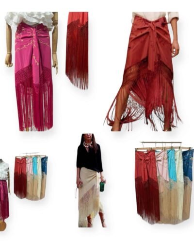 LBF Falda de flamenca flecos bordada. Talla XS A XXL