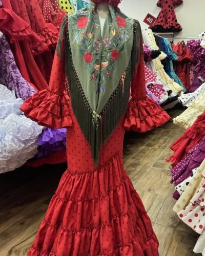 LBF Traje de flamenca Lupita rojo lunar rojo lenteja. Talla 34 a 46
