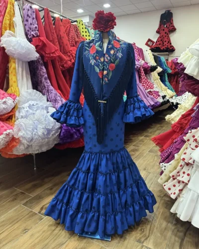 LBF Traje de flamenca Lupita azul añil lunar azul oscuro.  Talla 34 a 46