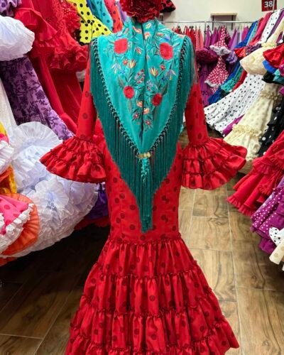 LBF Traje de flamenca Lupita rojo lunar rojo oscuro.  Talla 34 a 46