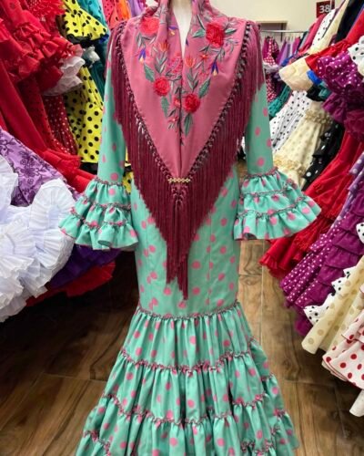 LBF Traje de flamenca Lupita verde agua lunar rosa. Talla 34 a 46