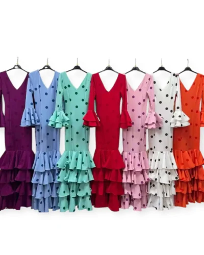 LBF Traje de flamenca lycra cuatro volantes lunar. Talla XS A XXL