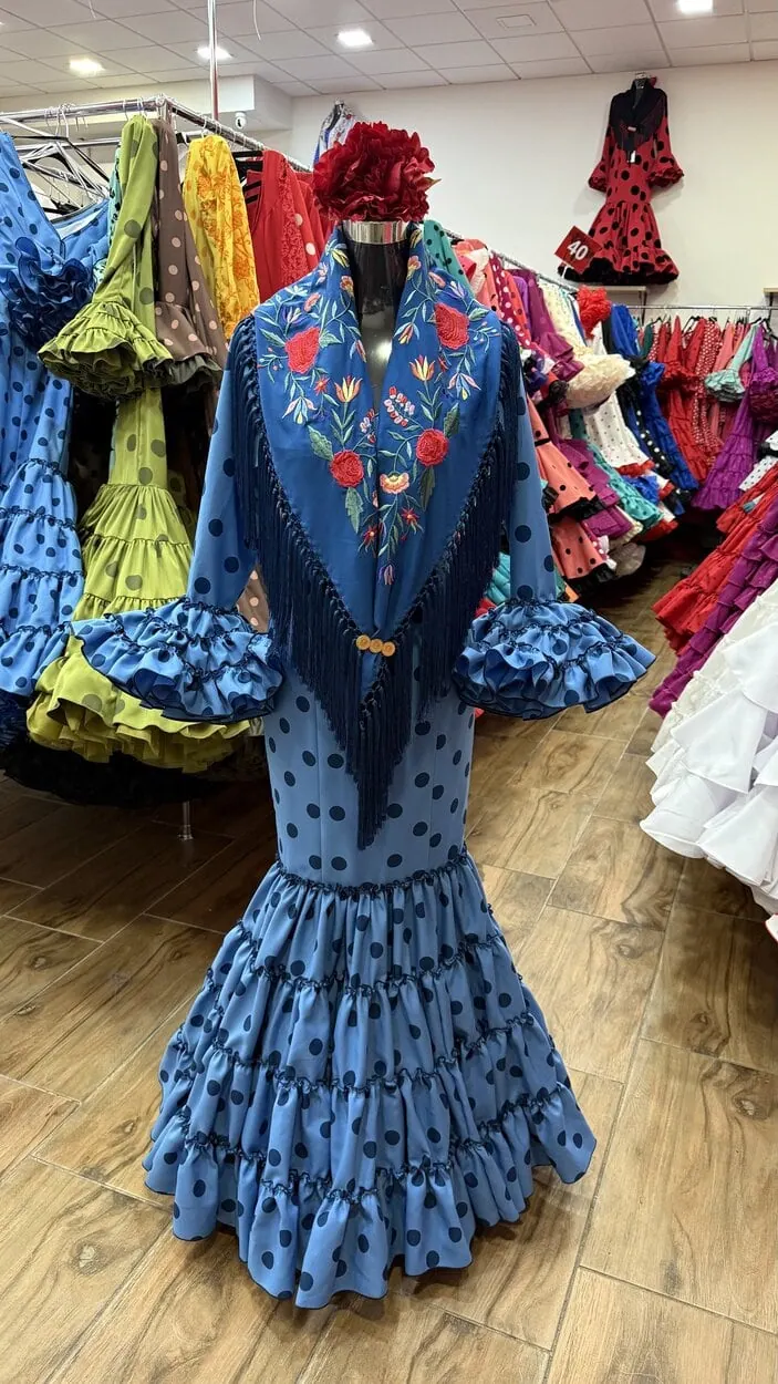 LBF Traje de flamenca Lupita celeste lunar azul marino. Talla 34 a 46