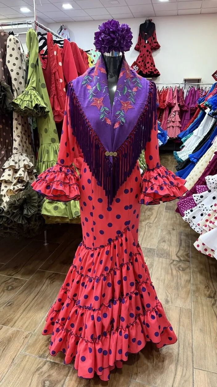 LBF Traje de flamenca Irene coral lunar morado. Talla 34 a 46