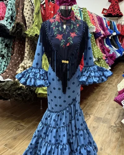 LBF Traje de flamenca Irene celeste lunar azul marino. Talla 34 a 46
