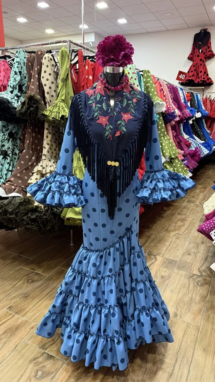 LBF Traje de flamenca Irene celeste lunar azul marino. Talla 34 a 46