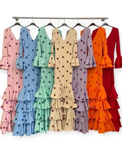 LBF Traje de Flamenca cuatro volantes rectos lunar. Tallas XS A XLL