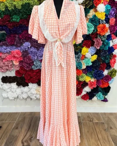 LBF Traje de flamenca bata vichy coral. Tallas XL-XXL